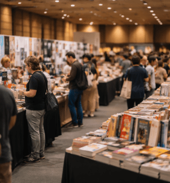 Feria del libro en interior con stands de editoriales y asistentes revisando libros bajo luz cálida.
