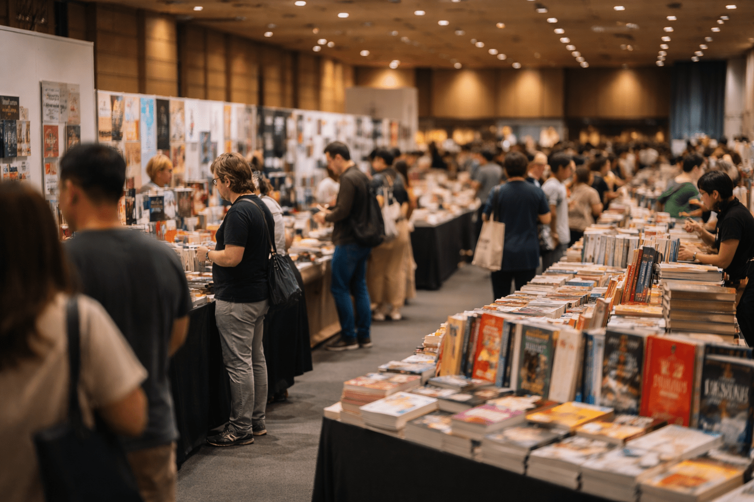 Feria del libro en interior con stands de editoriales y asistentes revisando libros bajo luz cálida.