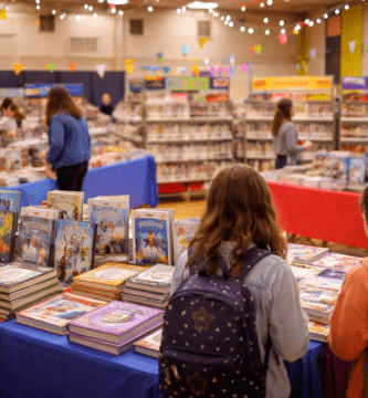 Feria del libro escolar con mesas llenas de libros infantiles, luces decorativas y estudiantes eligiendo lecturas.