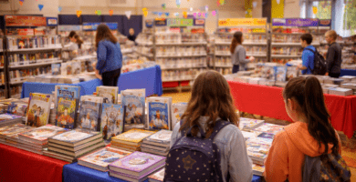 Feria del libro escolar con mesas llenas de libros infantiles, luces decorativas y estudiantes eligiendo lecturas.
