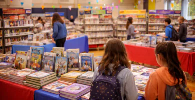 Feria del libro escolar con mesas llenas de libros infantiles, luces decorativas y estudiantes eligiendo lecturas.