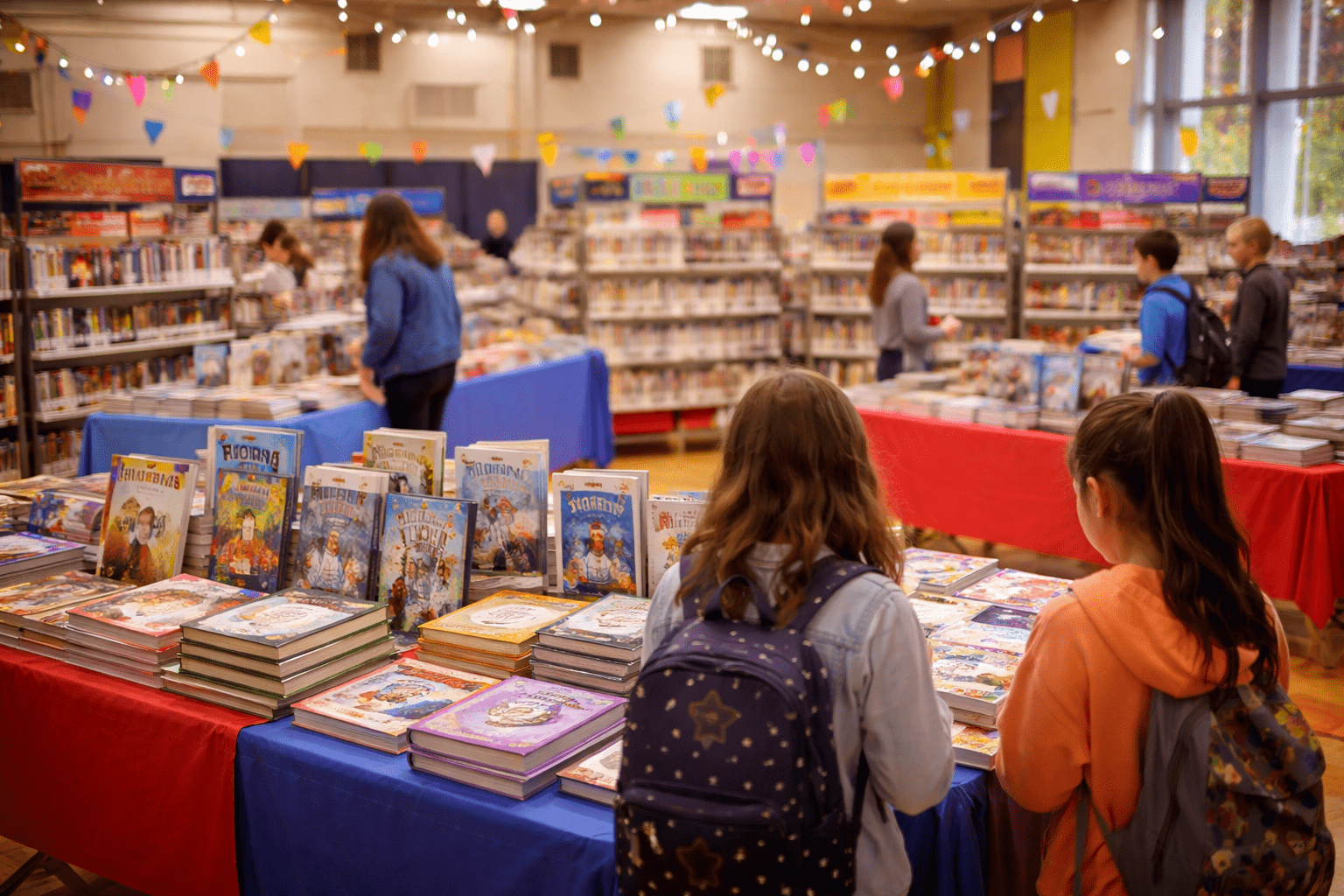Feria del libro escolar con mesas llenas de libros infantiles, luces decorativas y estudiantes eligiendo lecturas.