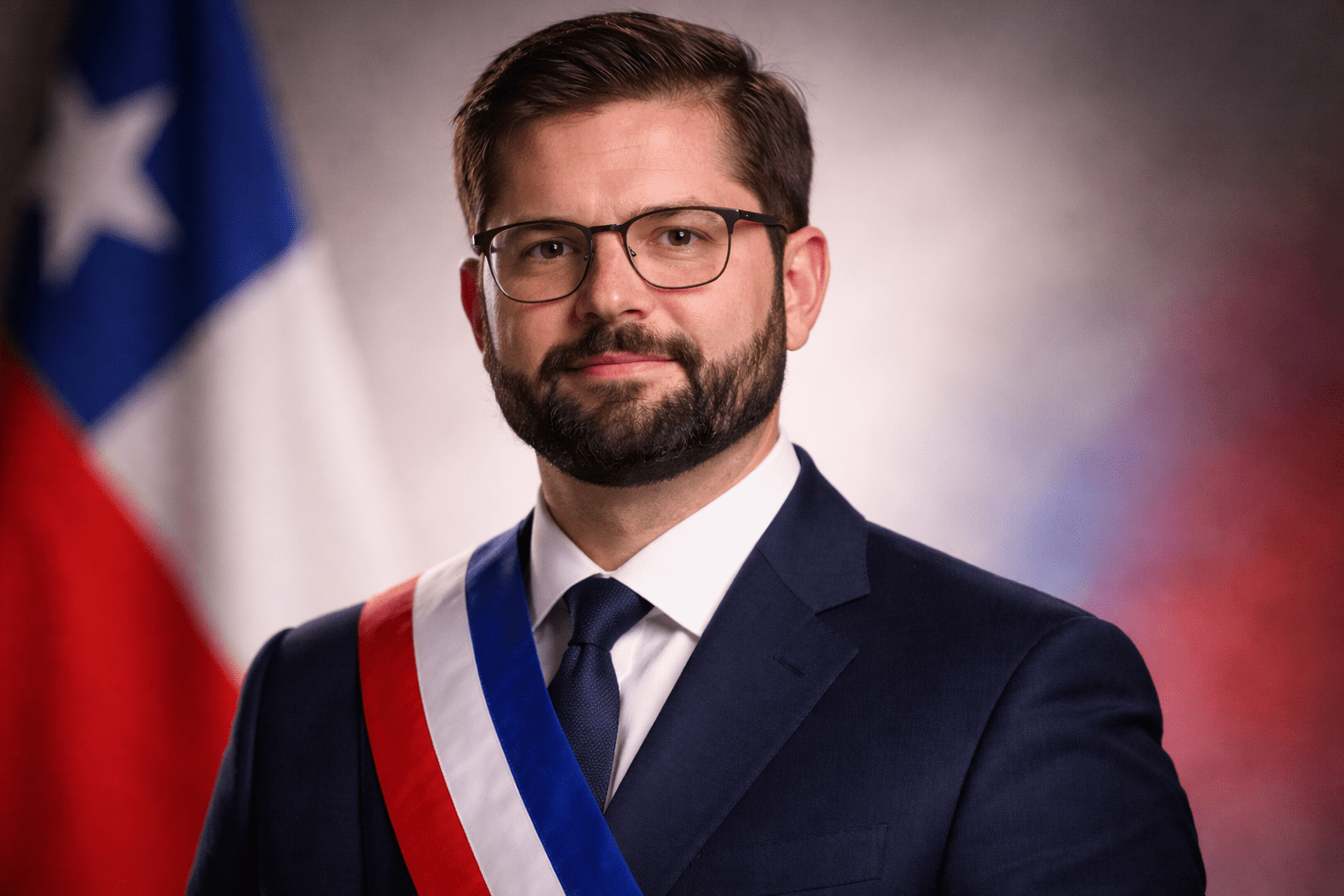 Retrato editorial de Gabriel Boric con traje, corbata y banda presidencial, con bandera de Chile desenfocada al fondo.