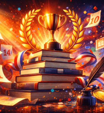 Trofeo dorado sobre pila de libros, laurel y confeti, con hojas de calendario y pluma: portada para guía de premios literarios.