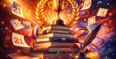 Trofeo dorado sobre pila de libros, laurel y confeti, con hojas de calendario y pluma: portada para guía de premios literarios.