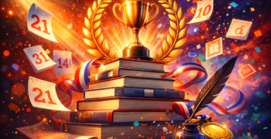 Trofeo dorado sobre pila de libros, laurel y confeti, con hojas de calendario y pluma: portada para guía de premios literarios.