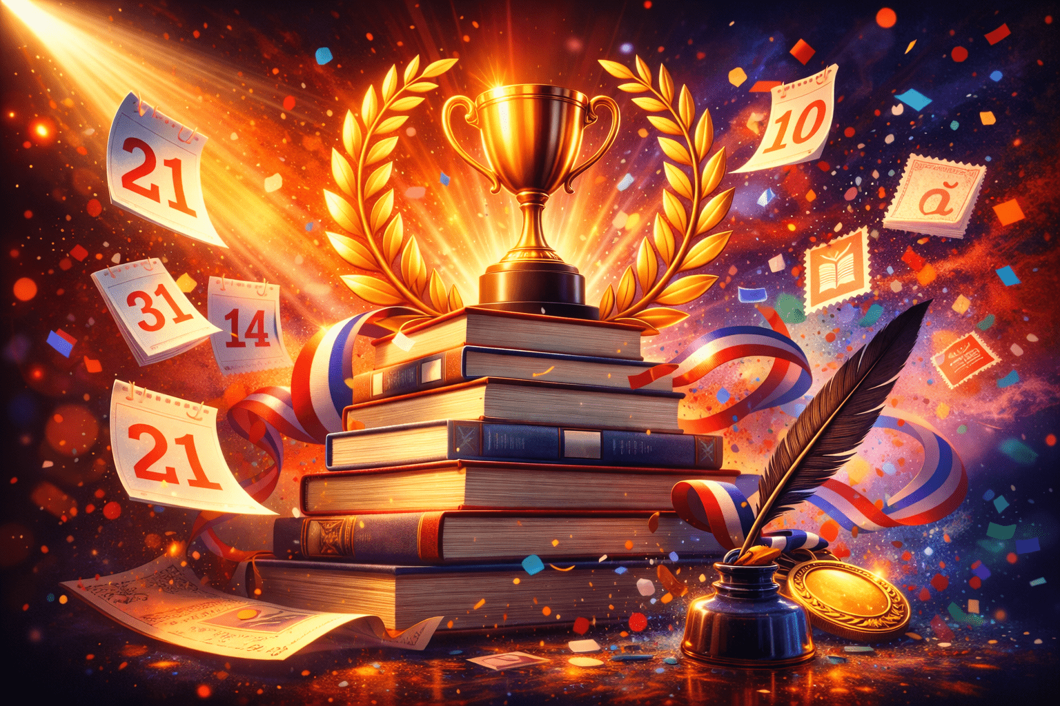 Trofeo dorado sobre pila de libros, laurel y confeti, con hojas de calendario y pluma: portada para guía de premios literarios.