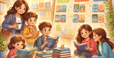 Familia en una librería mirando recomendaciones por edades; niñas, niños y adolescentes leyendo y eligiendo libros.