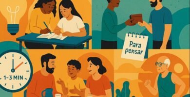 : Portada horizontal con collage de escenas cotidianas (escuela, trabajo, barrio): estudiante ayuda a amigo, cajera devuelve cambio, vecinos solidarios y paraguas compartido; “Historias cortas de la vida real para reflexionar”