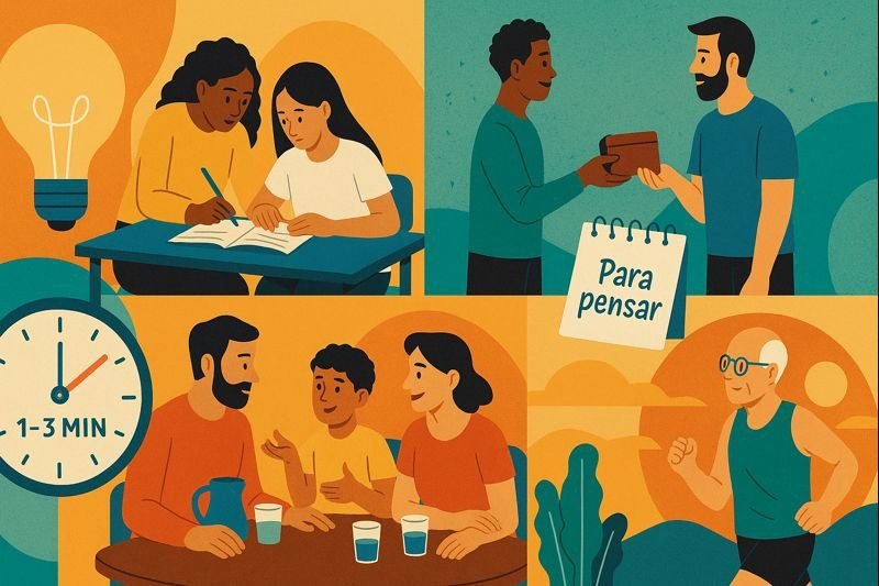 : Portada horizontal con collage de escenas cotidianas (escuela, trabajo, barrio): estudiante ayuda a amigo, cajera devuelve cambio, vecinos solidarios y paraguas compartido; “Historias cortas de la vida real para reflexionar”
