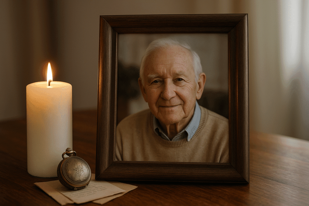 Retrato enmarcado de un abuelo sonriente junto a una vela encendida y un reloj de bolsillo sobre una mesa de madera.