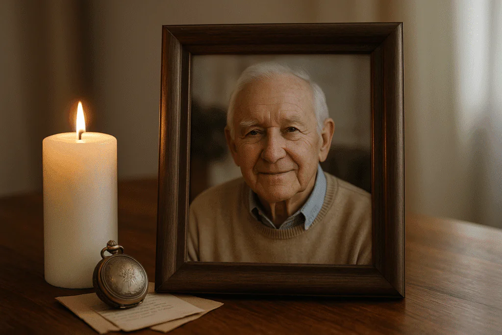 Retrato enmarcado de un abuelo sonriente junto a una vela encendida y un reloj de bolsillo sobre una mesa de madera.