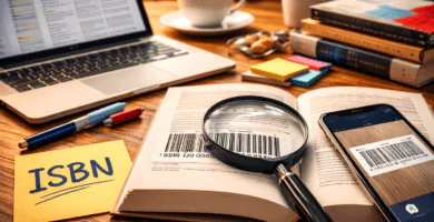 Libro abierto con código de barras bajo lupa y celular escaneando, en escritorio con nota “ISBN”: portada para guía de ISBN en Chile.