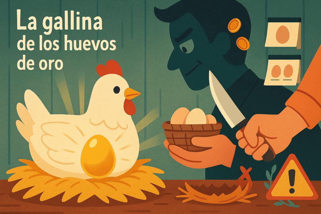 Granjero ambicioso mira a una gallina y un huevo de oro brillante; fábula sobre avaricia.
