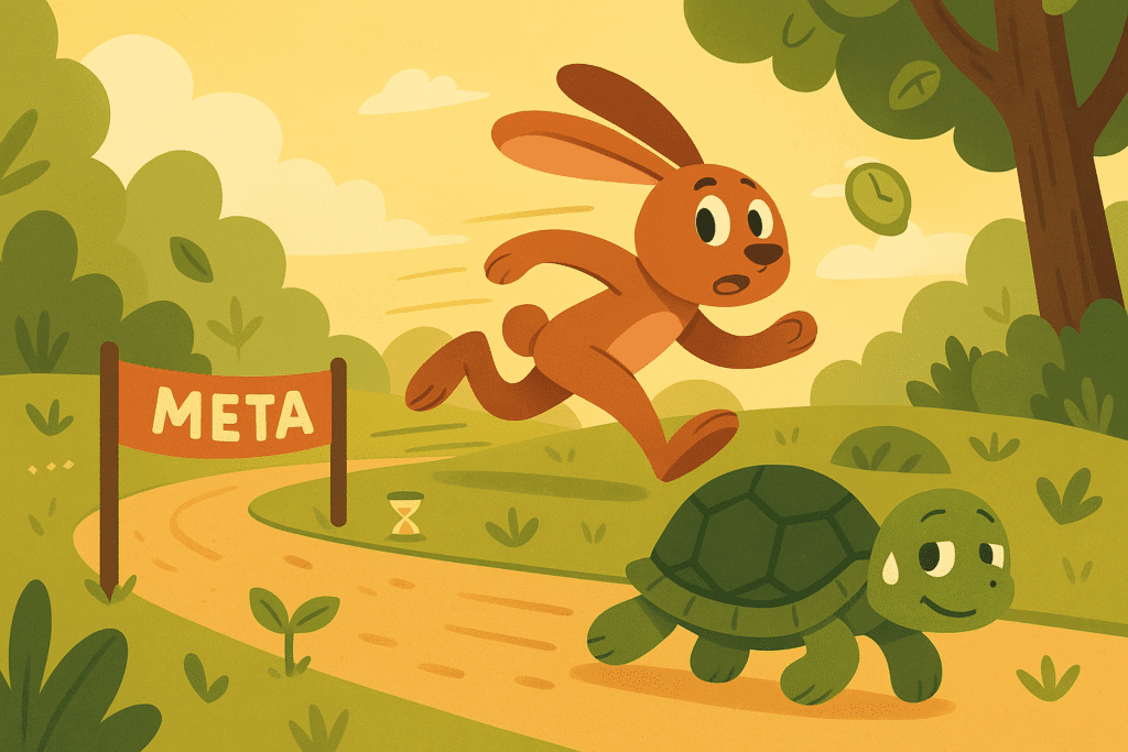 Liebre confiada se detiene mientras la tortuga avanza hacia la meta; fábula sobre constancia.