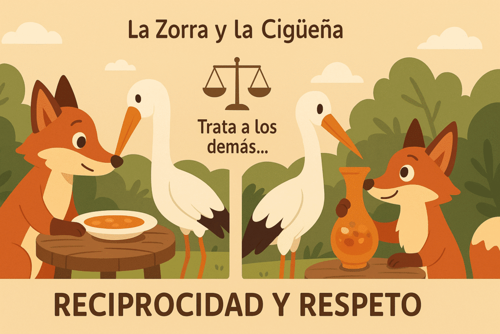 Dos viñetas: la zorra sirve sopa en plato llano; la cigüeña responde con jarra de cuello largo.