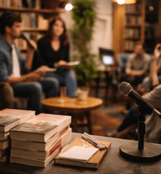 Lanzamiento de libro en librería: pila de ejemplares y micrófono en primer plano, autor y moderadora al fondo.
