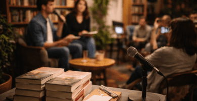Lanzamiento de libro en librería: pila de ejemplares y micrófono en primer plano, autor y moderadora al fondo.