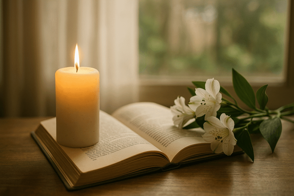 Vela blanca encendida sobre un libro abierto con un ramo de flores blancas encima, sobre una mesa de madera frente a una ventana luminosa.