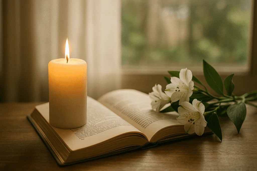 Vela blanca encendida sobre un libro abierto con un ramo de flores blancas encima, sobre una mesa de madera frente a una ventana luminosa.