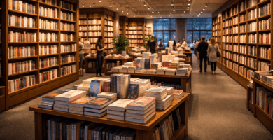 Interior de una gran librería moderna al atardecer, con mesas de novedades y estanterías altas, y clientes al fondo.