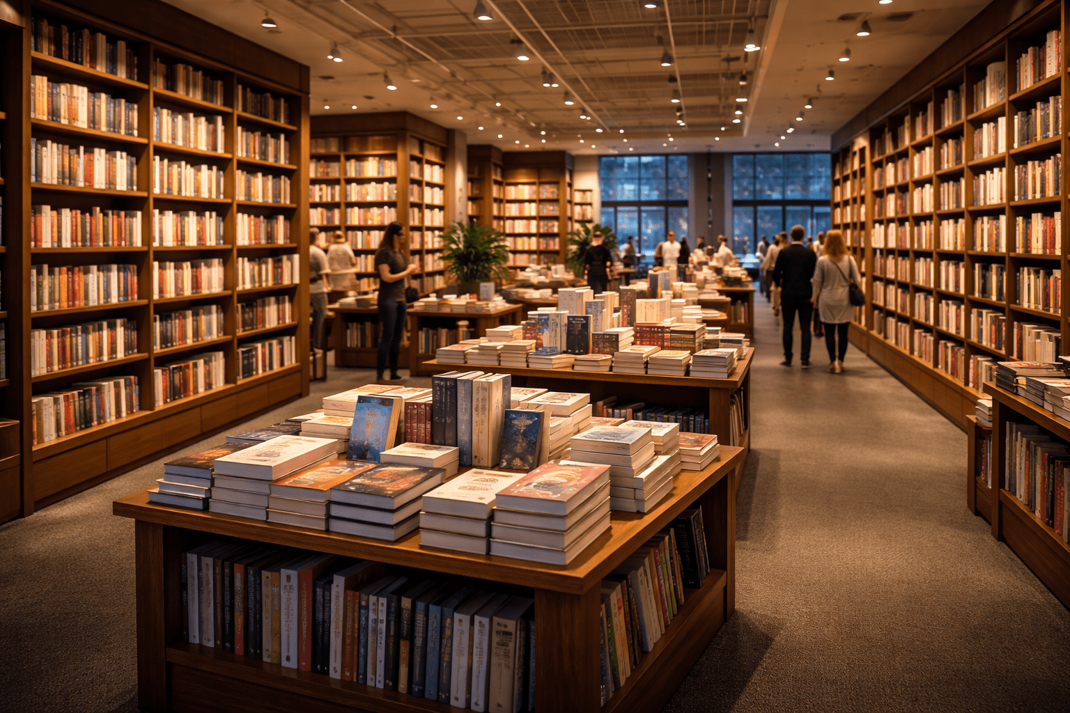 Interior de una gran librería moderna al atardecer, con mesas de novedades y estanterías altas, y clientes al fondo.