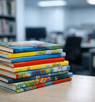 Pila de libros infantiles sobre una mesa en una oficina editorial, con estanterías desenfocadas al fondo.