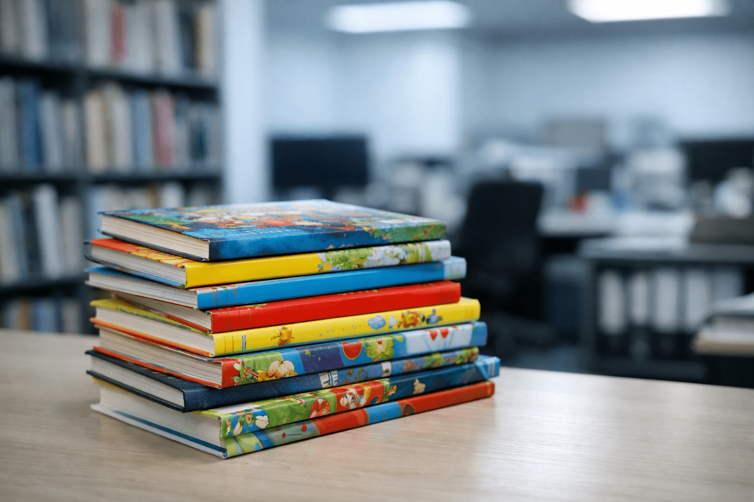 Pila de libros infantiles sobre una mesa en una oficina editorial, con estanterías desenfocadas al fondo.