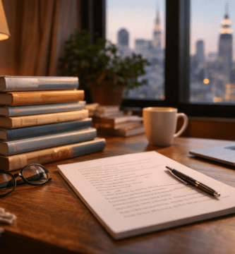 Escritorio con pila de libros y una lista impresa, junto a una lámpara y un portátil, con ciudad al fondo al atardecer.