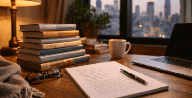 Escritorio con pila de libros y una lista impresa, junto a una lámpara y un portátil, con ciudad al fondo al atardecer.