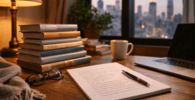 Escritorio con pila de libros y una lista impresa, junto a una lámpara y un portátil, con ciudad al fondo al atardecer.