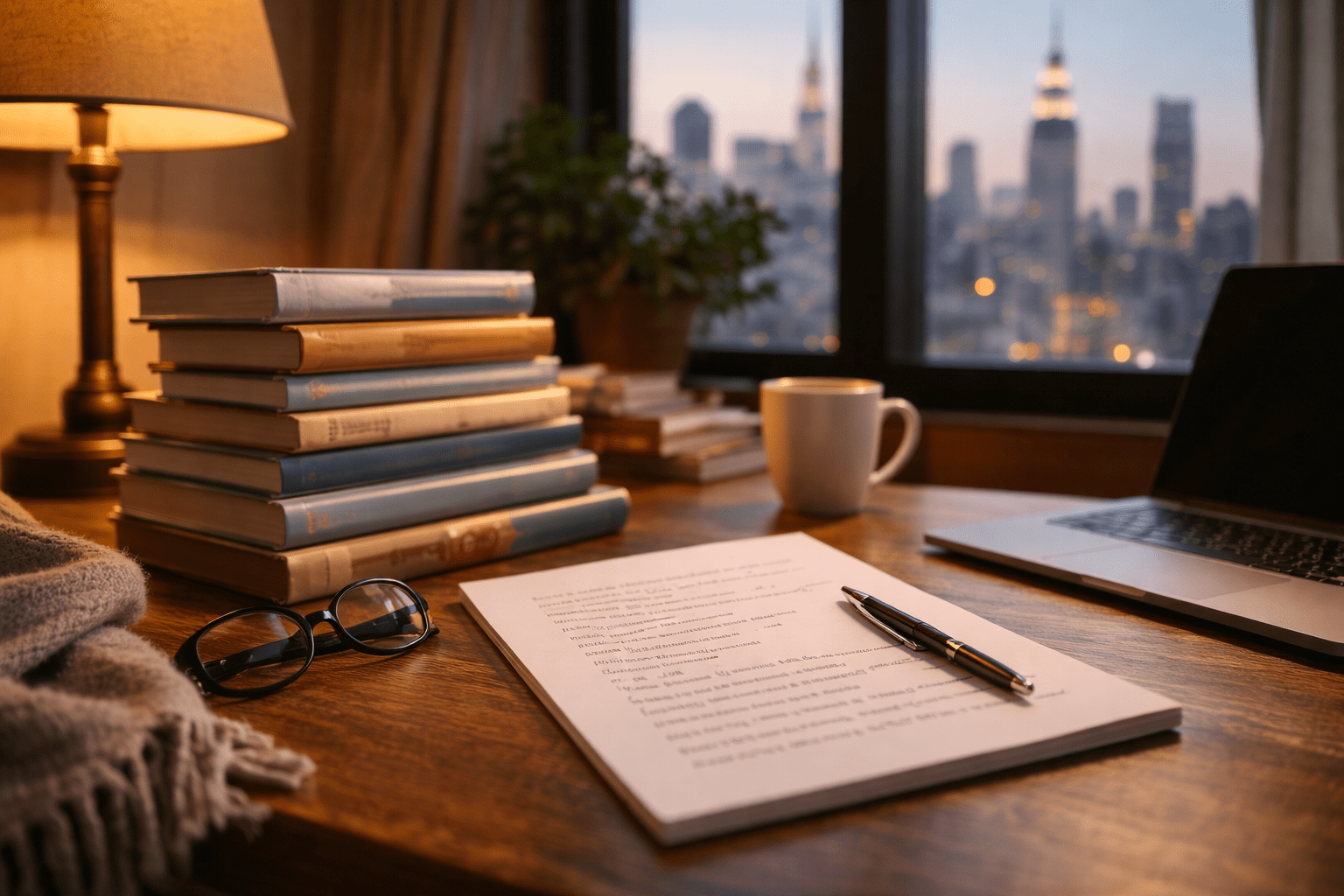 Escritorio con pila de libros y una lista impresa, junto a una lámpara y un portátil, con ciudad al fondo al atardecer.