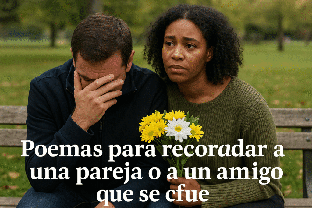 Pareja sentada en un banco de parque, ella sostiene un ramo de flores y él se cubre el rostro con la mano, ambos en actitud de duelo.