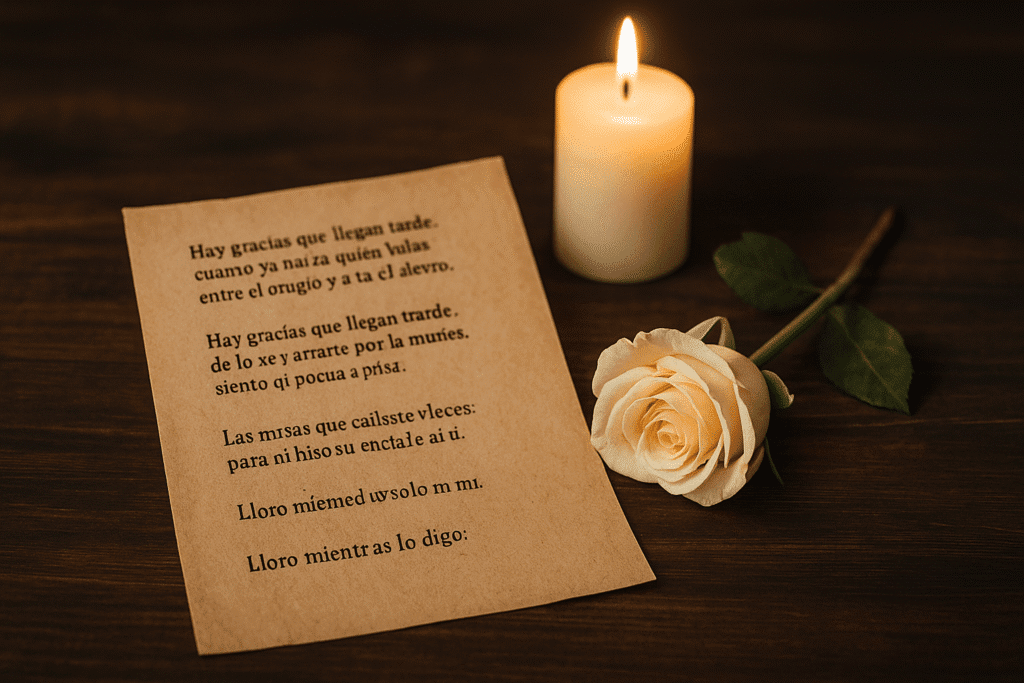 Carta manuscrita sobre papel envejecido junto a una pluma estilográfica y pétalos secos sobre una mesa de madera.