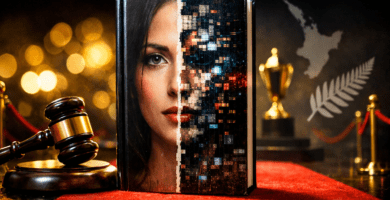 Libro en alfombra roja con portada mitad rostro y mitad glitch, mazo de juez y trofeo al fondo; debate por IA en premios.