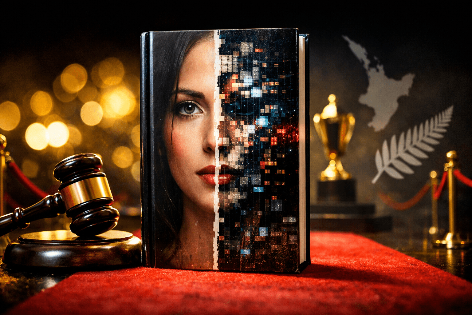 Libro en alfombra roja con portada mitad rostro y mitad glitch, mazo de juez y trofeo al fondo; debate por IA en premios.