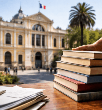 Libros y formulario frente a la Casa Central de la Universidad de Chile, imagen para nota sobre el Premio Manuel Montt.