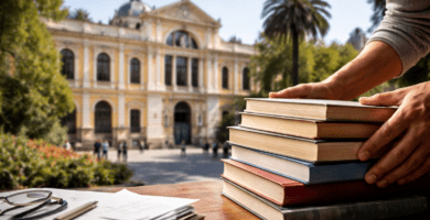 Libros y formulario frente a la Casa Central de la Universidad de Chile, imagen para nota sobre el Premio Manuel Montt.