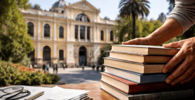 Libros y formulario frente a la Casa Central de la Universidad de Chile, imagen para nota sobre el Premio Manuel Montt.