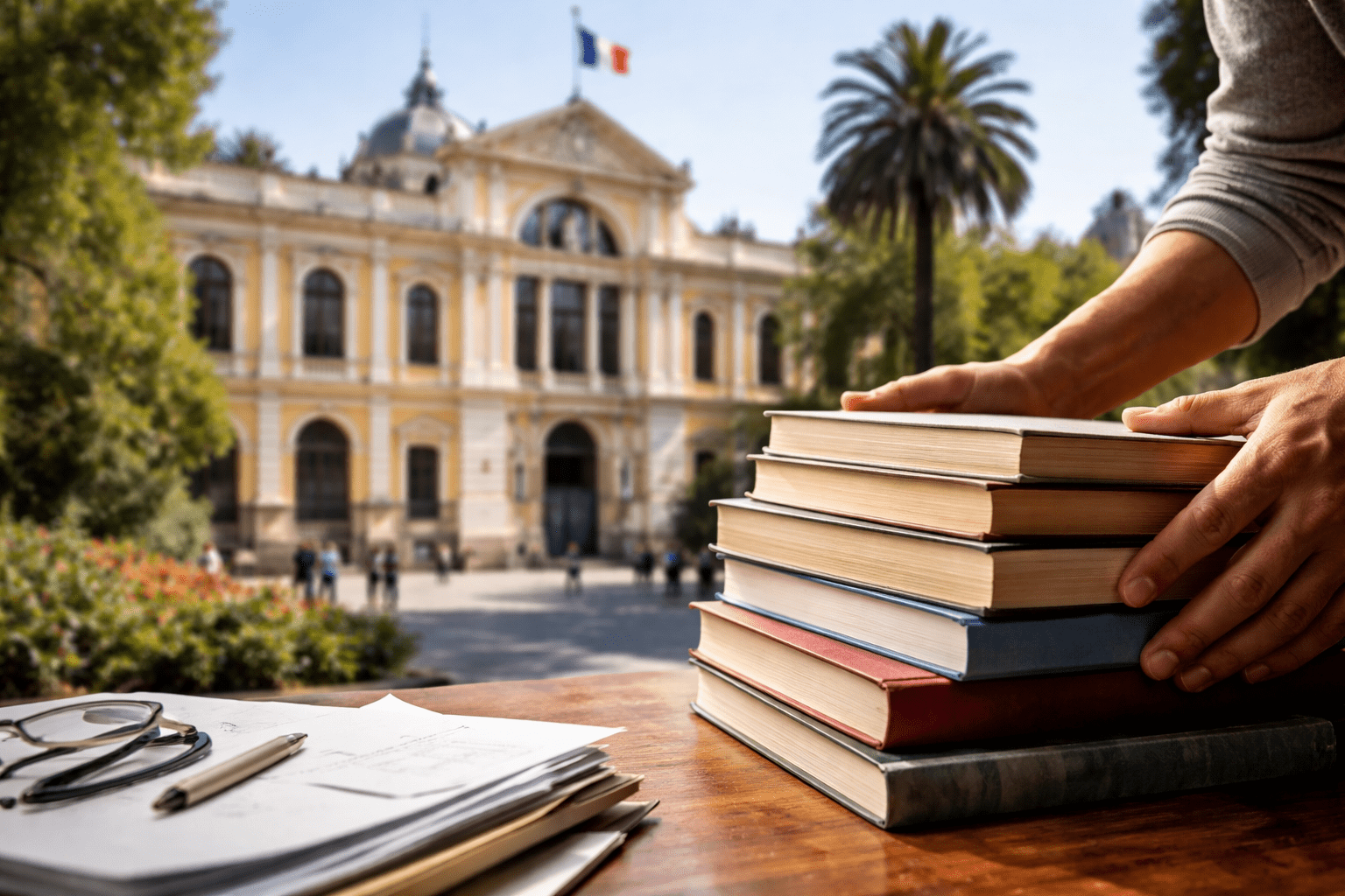 Libros y formulario frente a la Casa Central de la Universidad de Chile, imagen para nota sobre el Premio Manuel Montt.