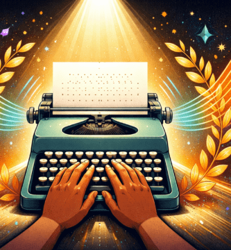 Máquina de escribir bajo un foco dorado con papel en braille, rodeada de ondas de color y laureles, en estilo llamativo.