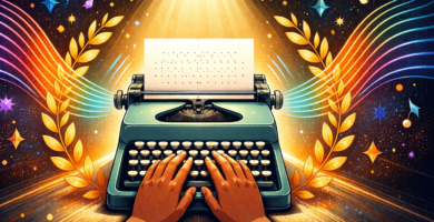 Máquina de escribir bajo un foco dorado con papel en braille, rodeada de ondas de color y laureles, en estilo llamativo.