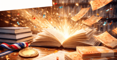 Libro abierto “explotando” luz y confeti, con billetes tipo CLP y medalla: imagen para nota sobre premios y estímulos culturales.