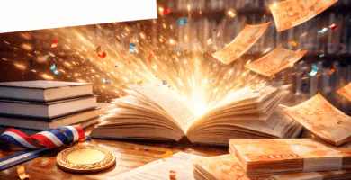Libro abierto “explotando” luz y confeti, con billetes tipo CLP y medalla: imagen para nota sobre premios y estímulos culturales.