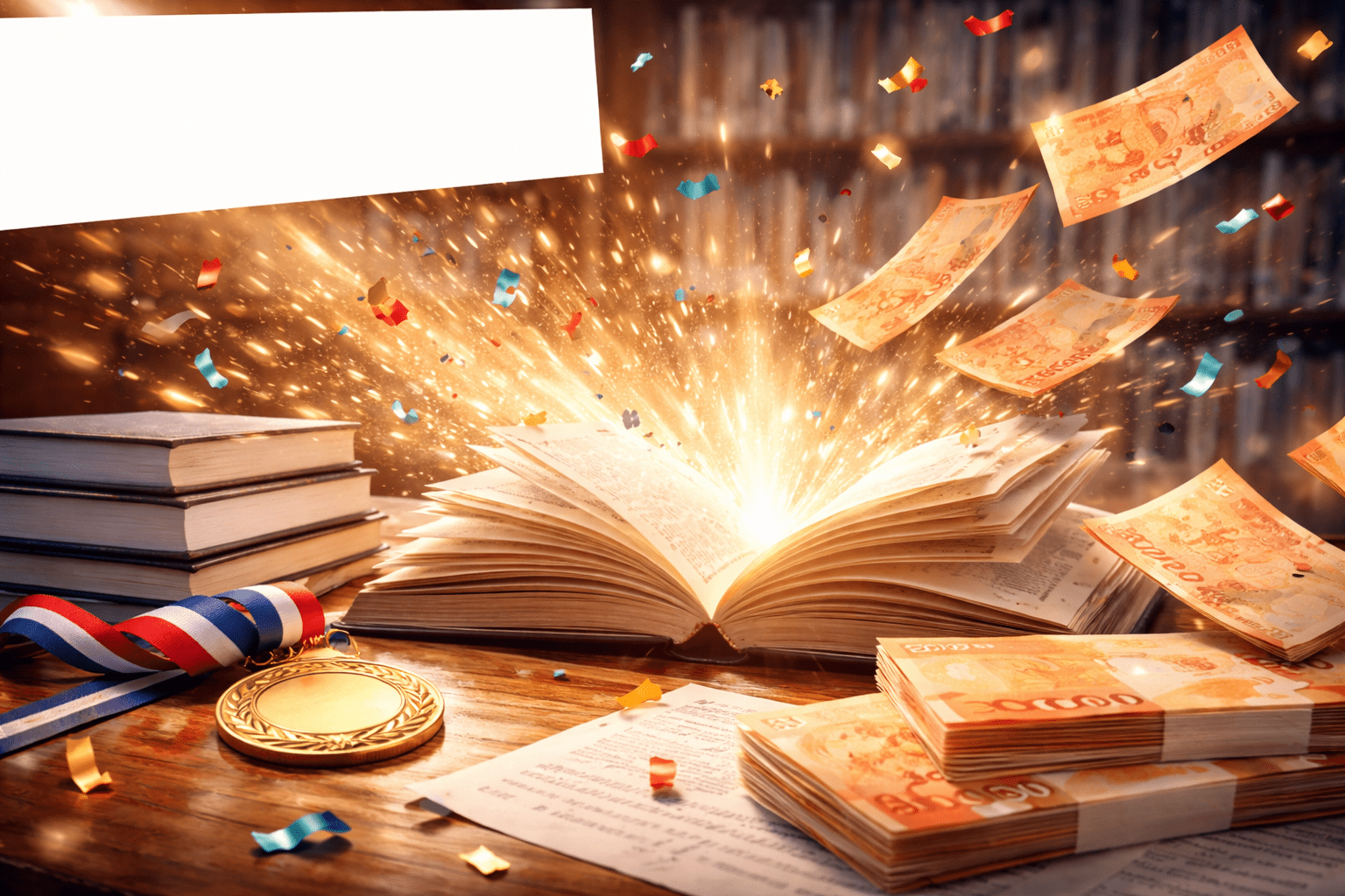 Libro abierto “explotando” luz y confeti, con billetes tipo CLP y medalla: imagen para nota sobre premios y estímulos culturales.