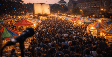 Multitud y stands del Pune Book Festival al atardecer, con luces de feria y una gran escultura de libro abierto al centro.