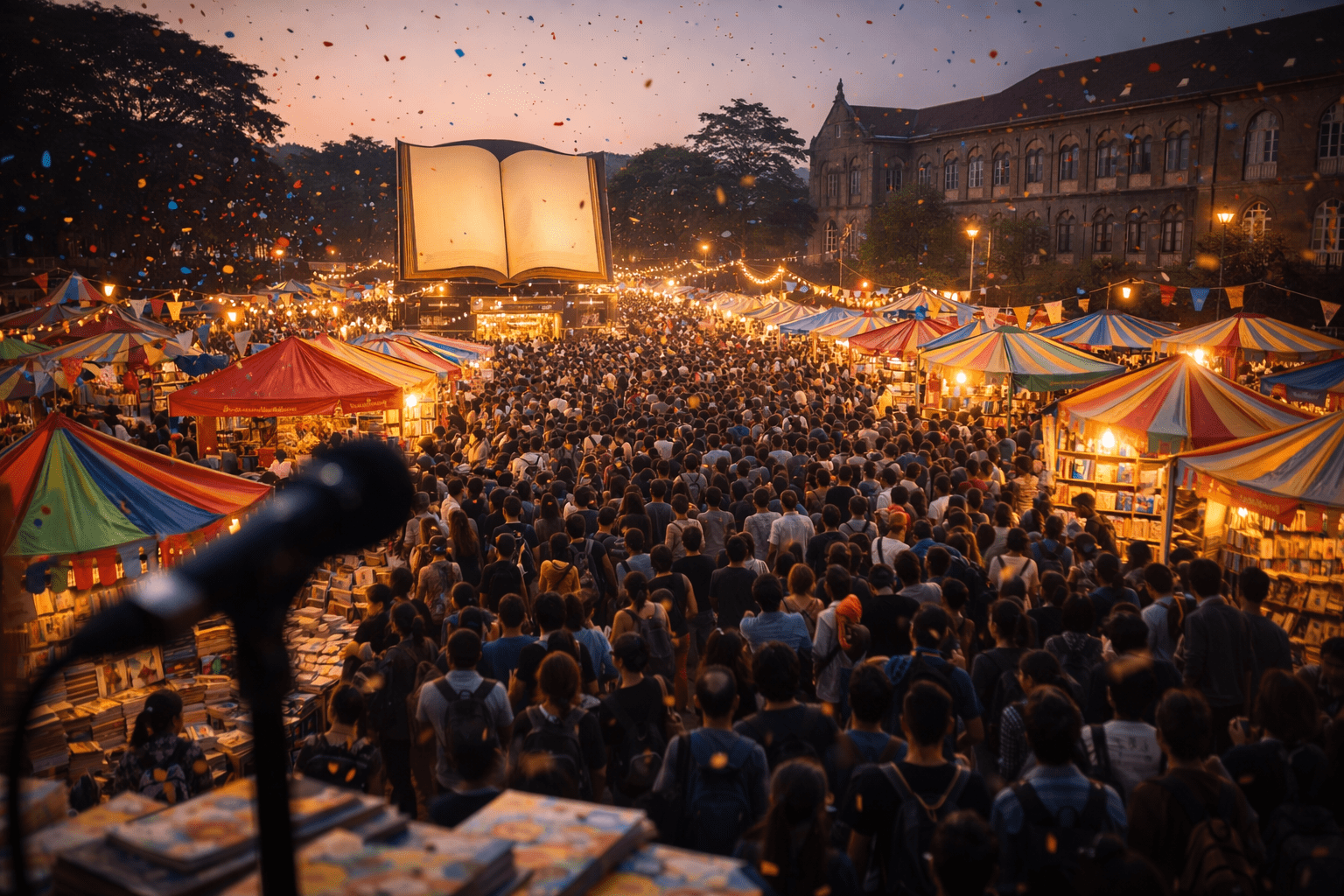 Multitud y stands del Pune Book Festival al atardecer, con luces de feria y una gran escultura de libro abierto al centro.