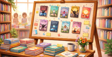 Tablero con recomendaciones de libros en una librería infantil, con mesa de novedades, notas adhesivas y luz cálida.