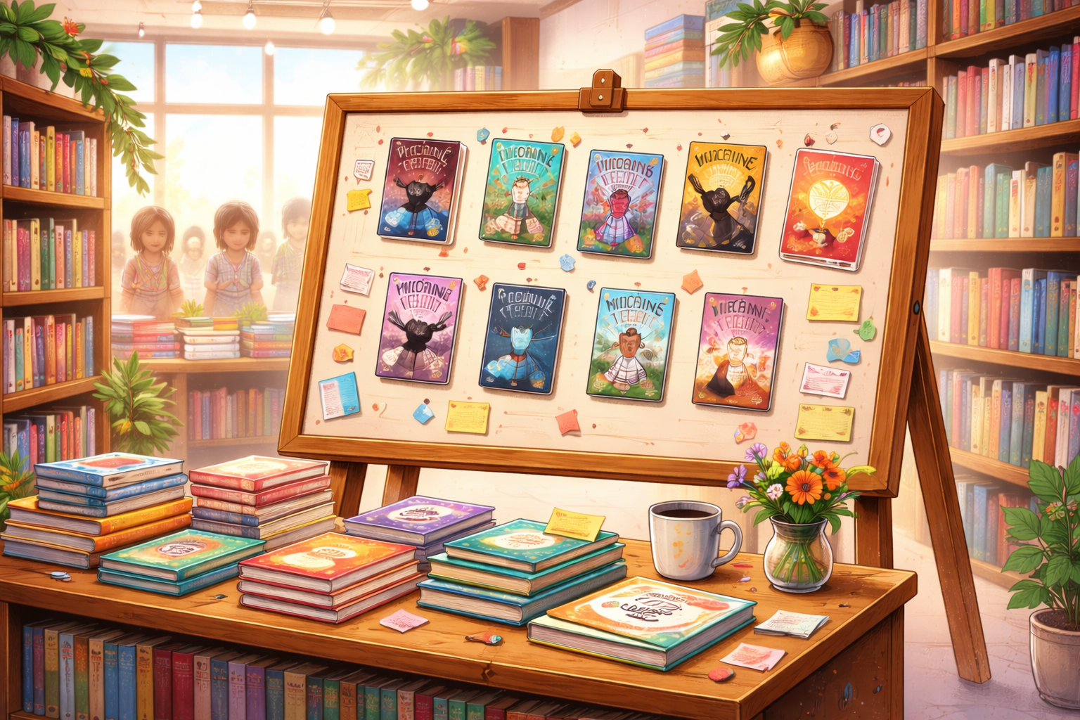 Tablero con recomendaciones de libros en una librería infantil, con mesa de novedades, notas adhesivas y luz cálida.