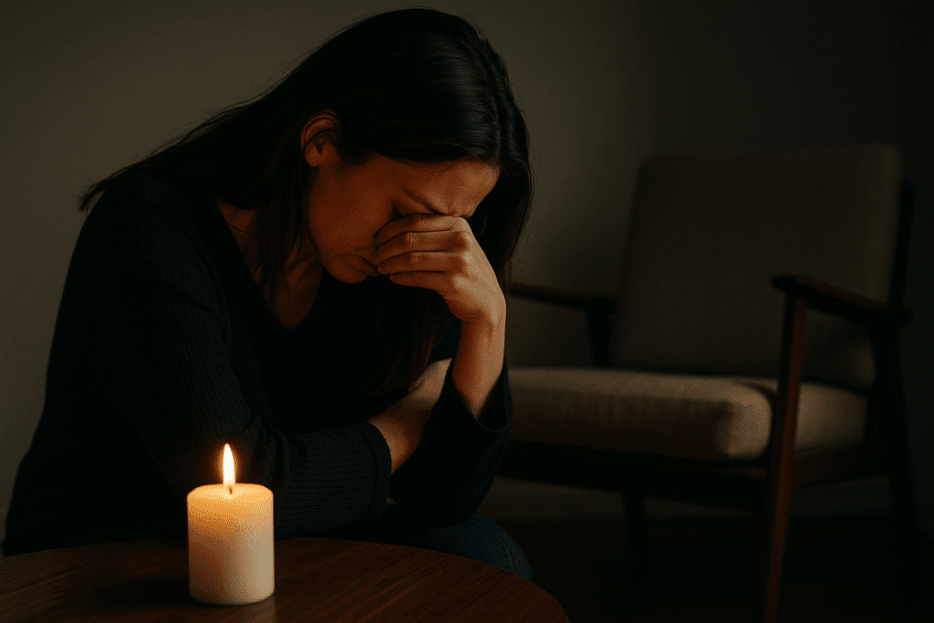 Mujer joven llorando junto a una vela encendida, con una silla vacía al fondo en una habitación en penumbra.